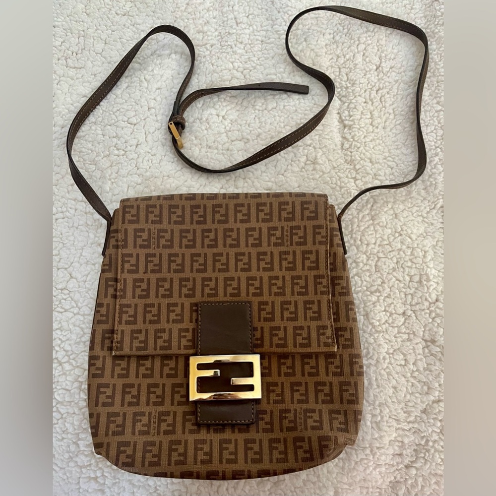 FENDI Authentic Mamma Baguette Zucchino PVC Brown and Gold Crossbody Bag